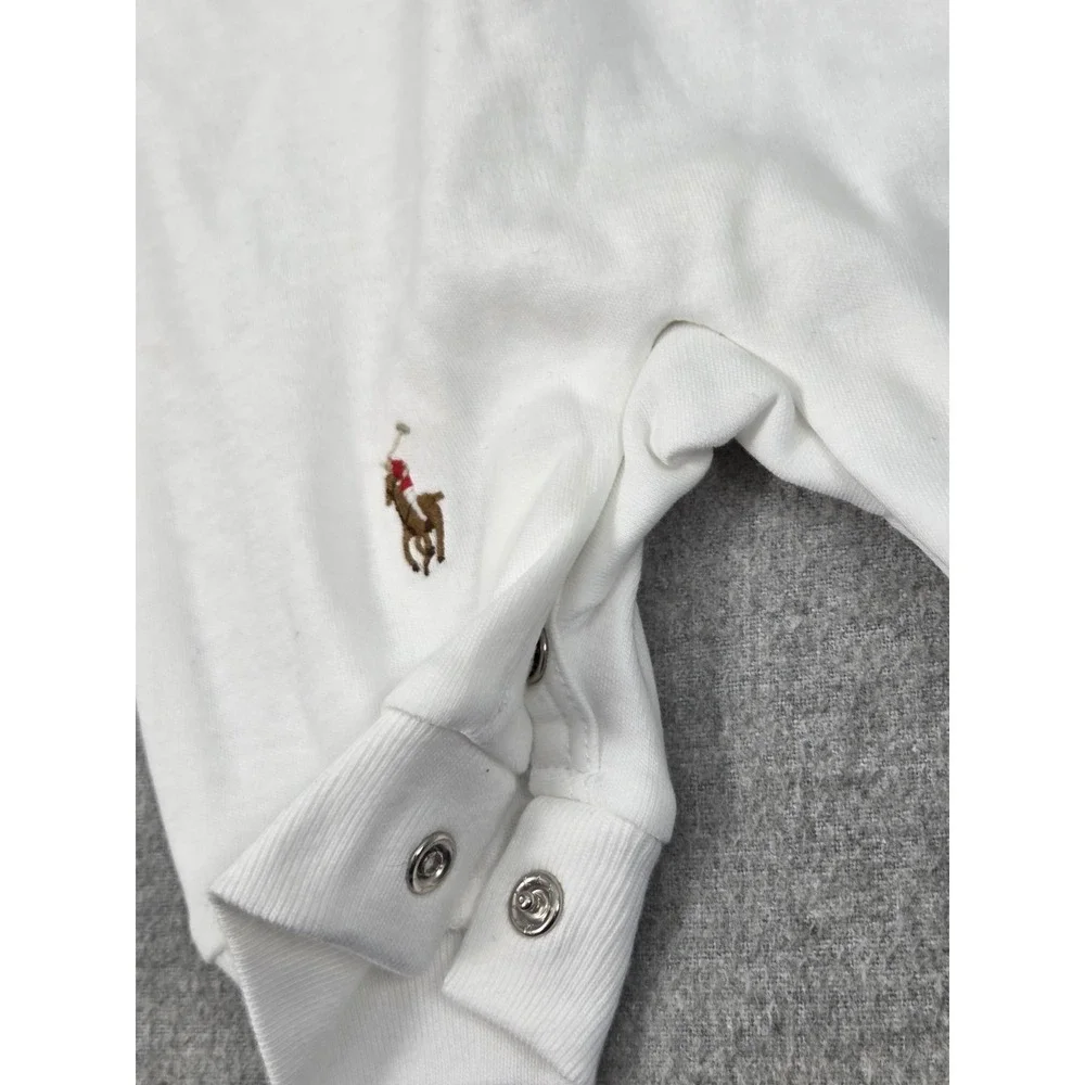 Ralph Lauren Newborn One Piece Sleeper Embroidered Ponies RL Logo White Crest